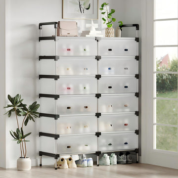 מעמד לאחסון נעליים עמיד בפני אבק, 6 שכבות כפול כולל שכבה עליונה פתוחה, קיבולת גדולה, מתכת, עמיד בפני חלודה, עמיד בפני לחות